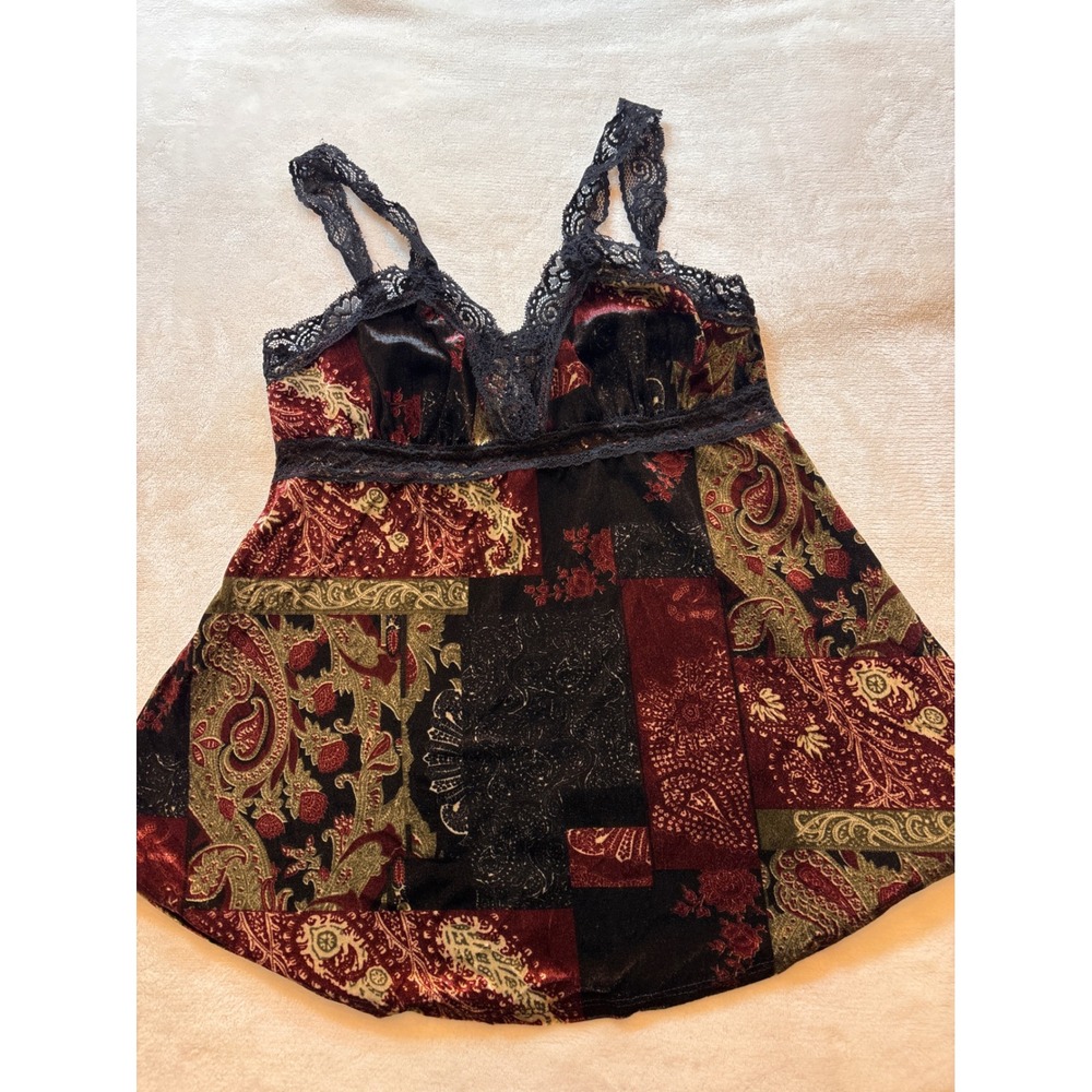Earthbound Trading Co Velvet Patchwork Lace Trim Camisole Top Burgundy Black M